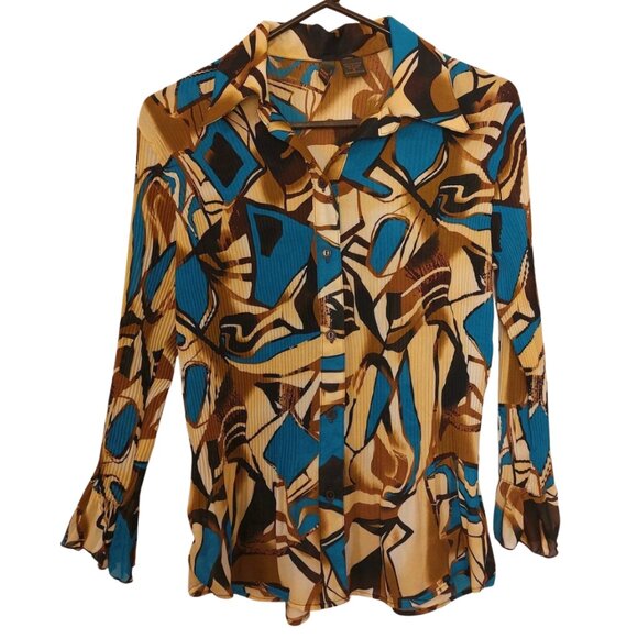 Sere Nade Tops - Vintage Sere Nade Plisse Long Sleeved Abstract Print Blouse Size Small